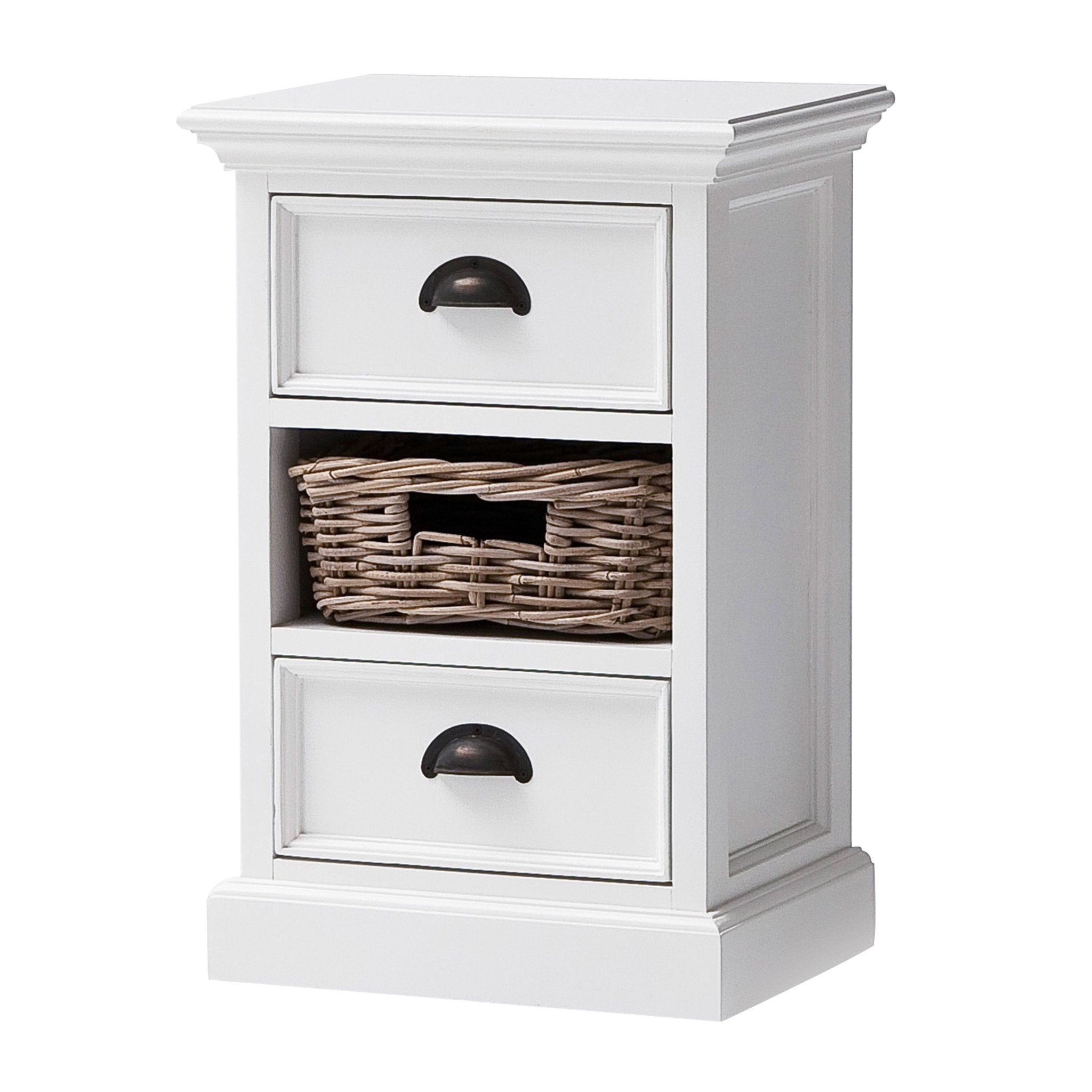 Halifax White Painted Bedside Cabinet with Rattan Basket - Duck Barn Interiors