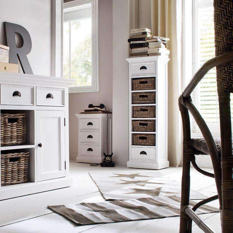 Halifax White Painted Tall Narrow Storage with 5 Rattan Baskets - Duck Barn Interiors