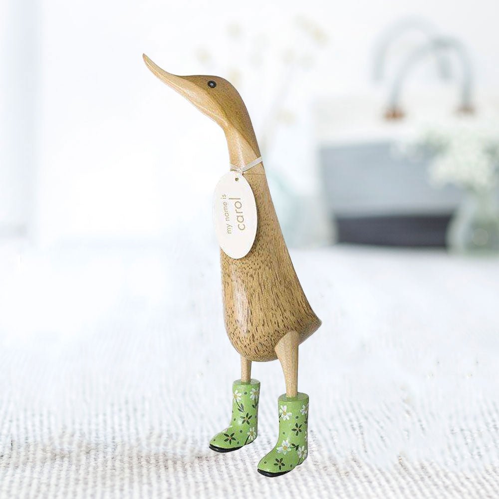 Large Wooden Duck in Green Floral Welly Boots - Duck Barn Interiors