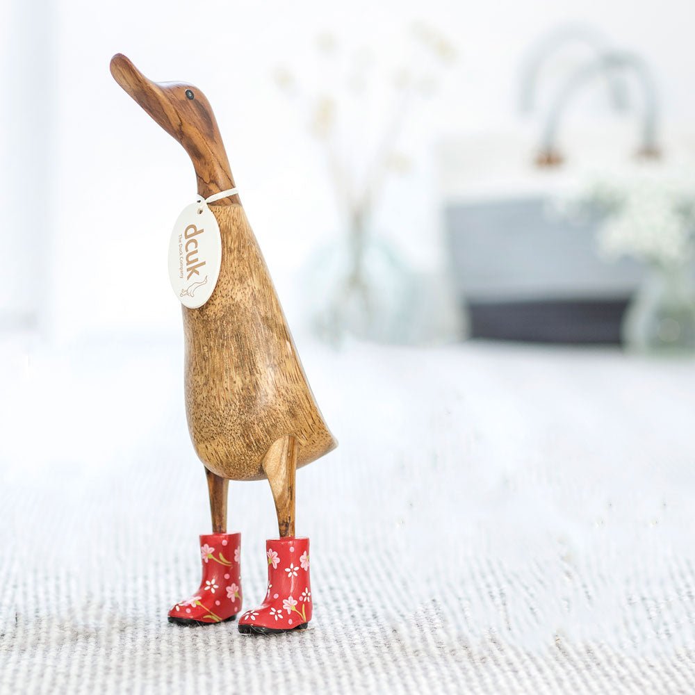 Large Wooden Duck in Red Floral Welly Boots - Duck Barn Interiors