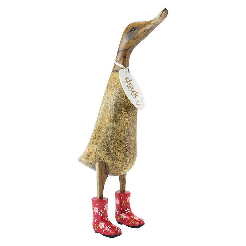 Large Wooden Duck in Red Floral Welly Boots - Duck Barn Interiors
