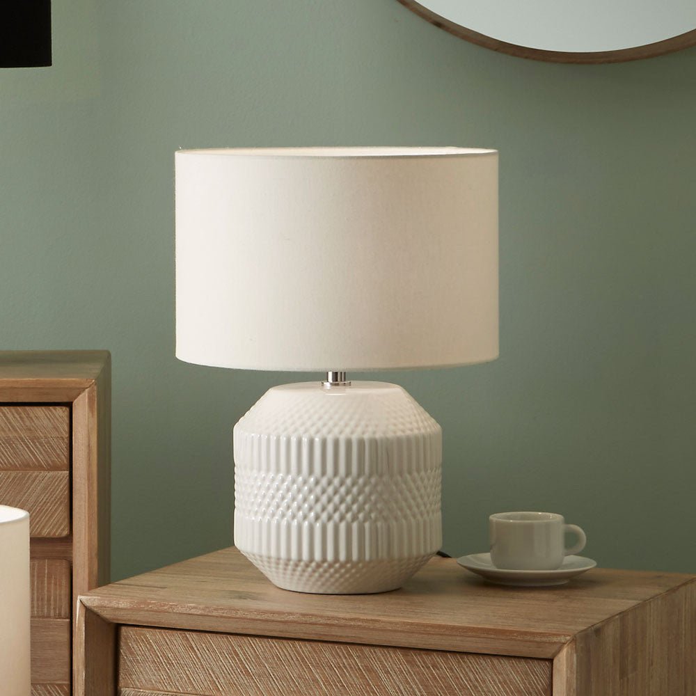 Meribel White Geo Textured Table Lamp with Shade - Duck Barn Interiors