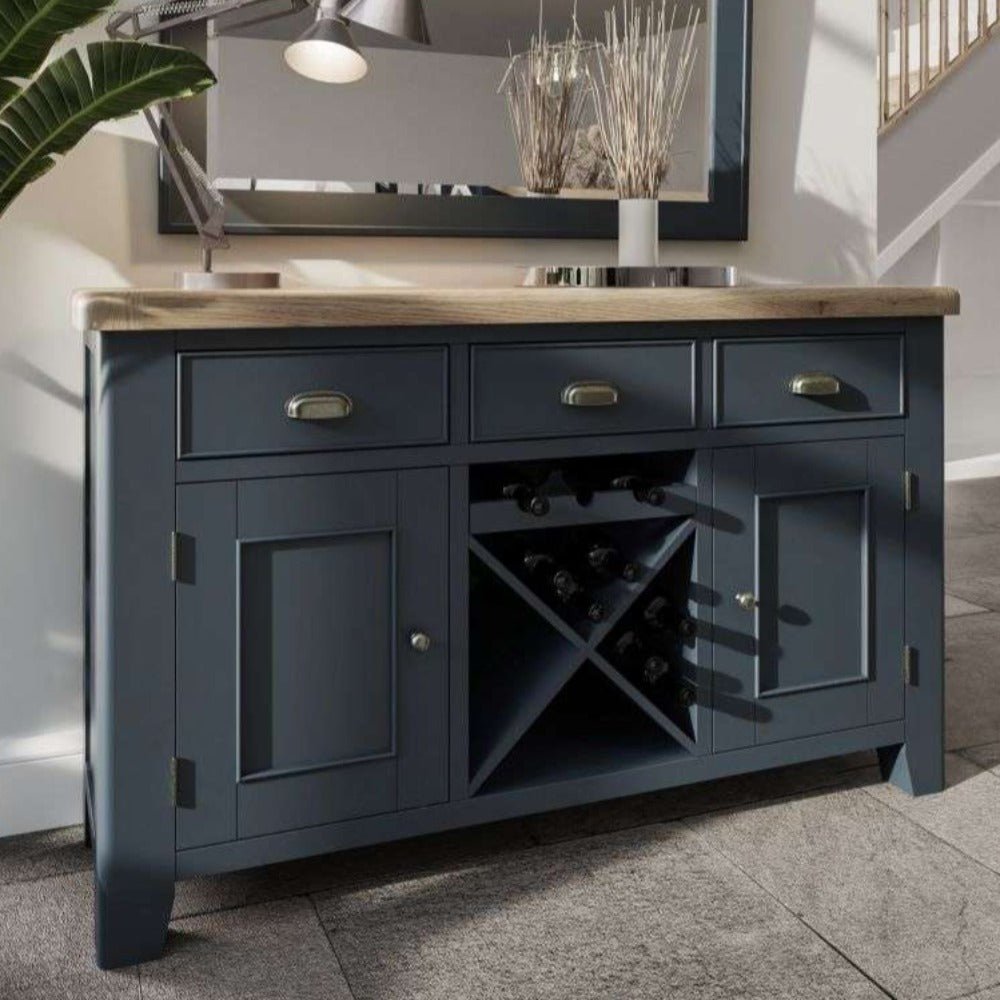 Rogate Blue 2 Door 3 Drawer Large Sideboard with Wine Storage - Duck Barn Interiors