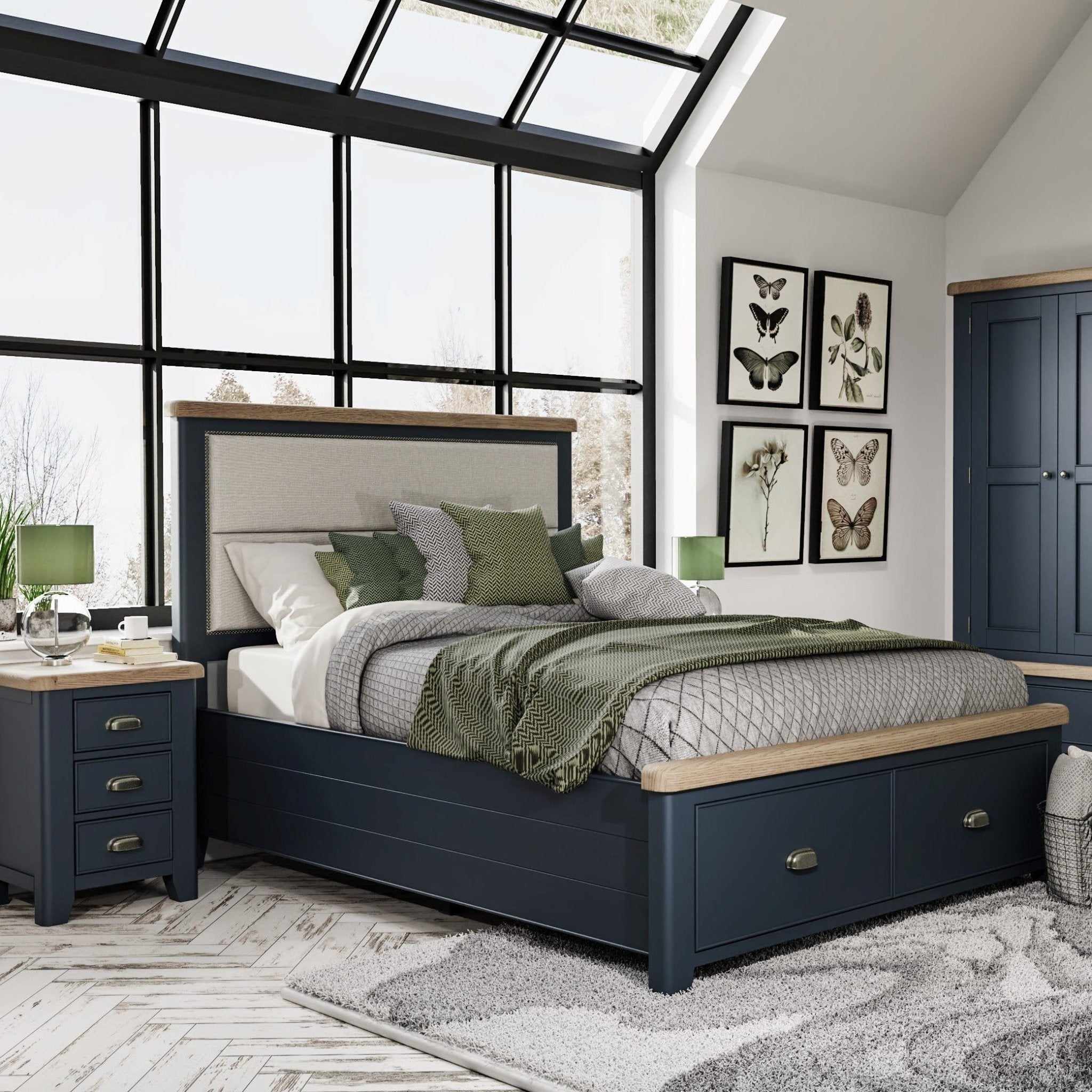 Rogate Blue 5'0 Kingsize Bed Frame - Fabric Headboard & Drawers - Duck Barn Interiors