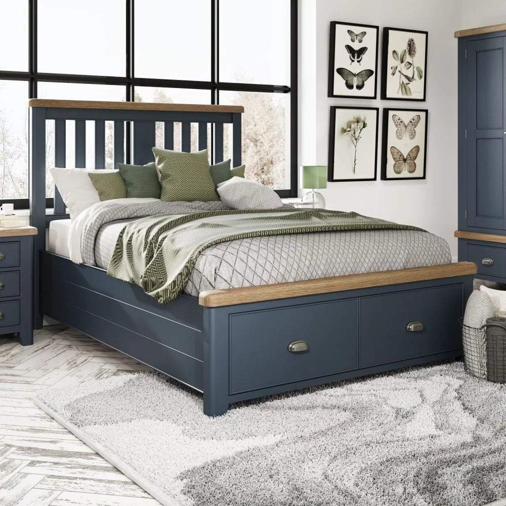 Rogate Blue 5'0 Kingsize Bed Frame - Wooden Headboard & Drawers - Duck Barn Interiors
