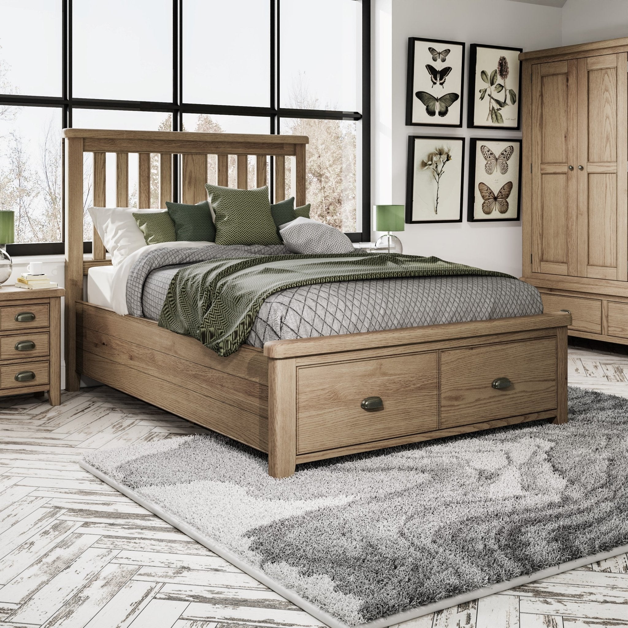 Rusper Oak 4'6 Double Bed Frame - Wooden Headboard & Drawers - Duck Barn Interiors