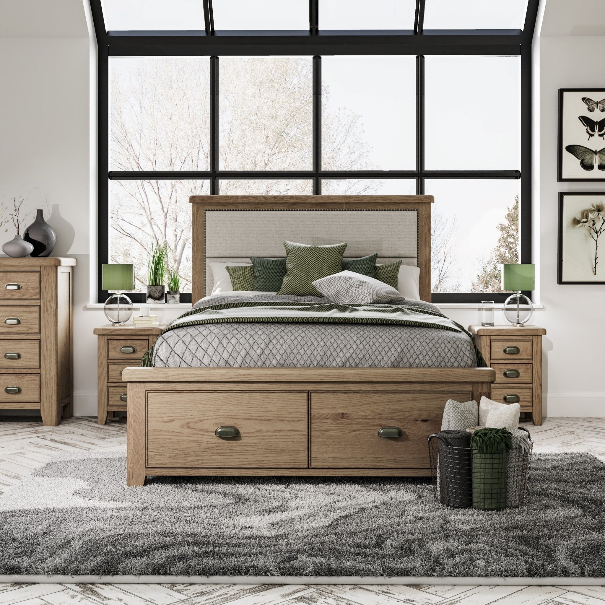 Rusper Oak 4ft 6" Double Bed Frame - Fabric Headboard & Drawers - Duck Barn Interiors