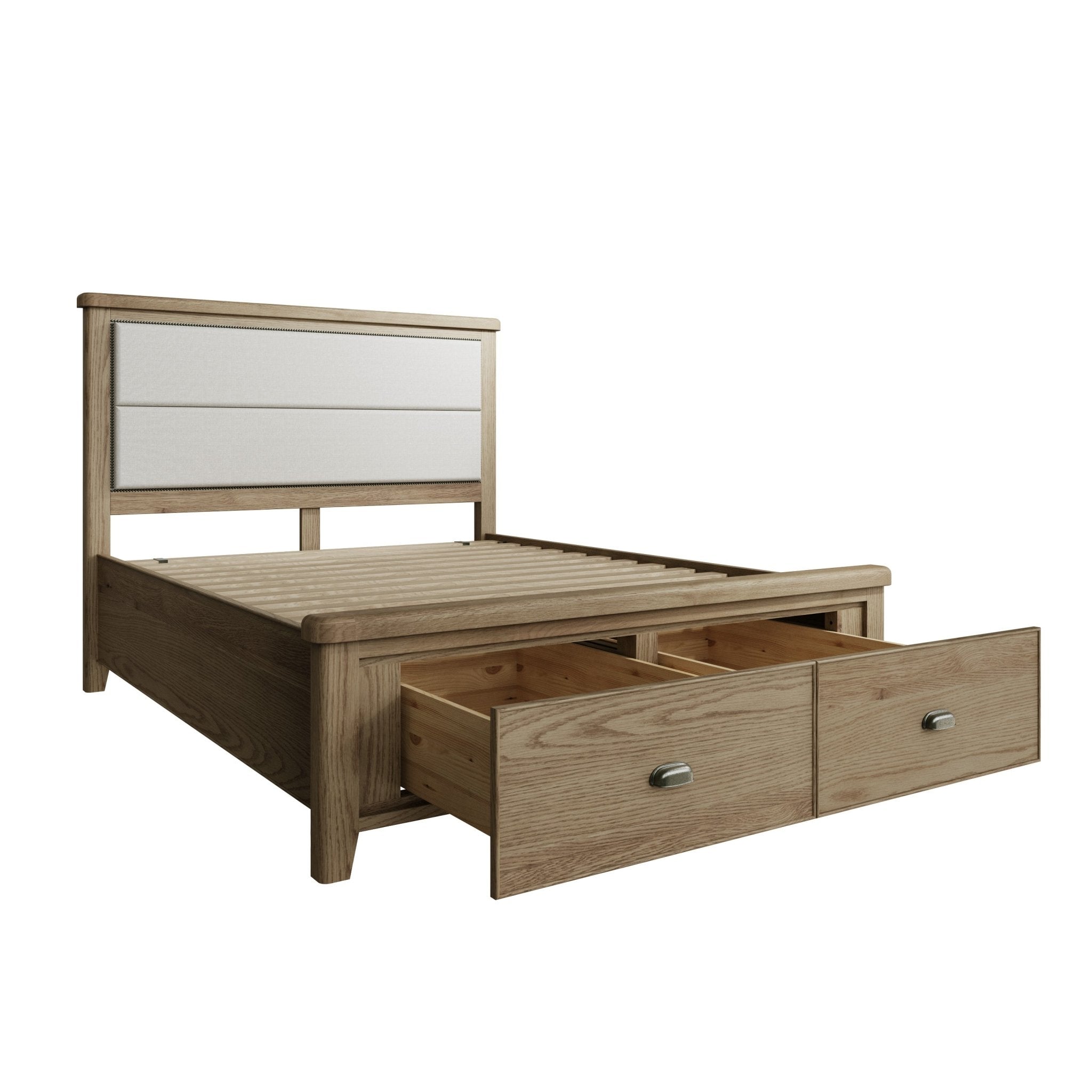 Rusper Oak 5'0 Kingsize Bed Frame - Fabric Headboard & Drawers - Duck Barn Interiors