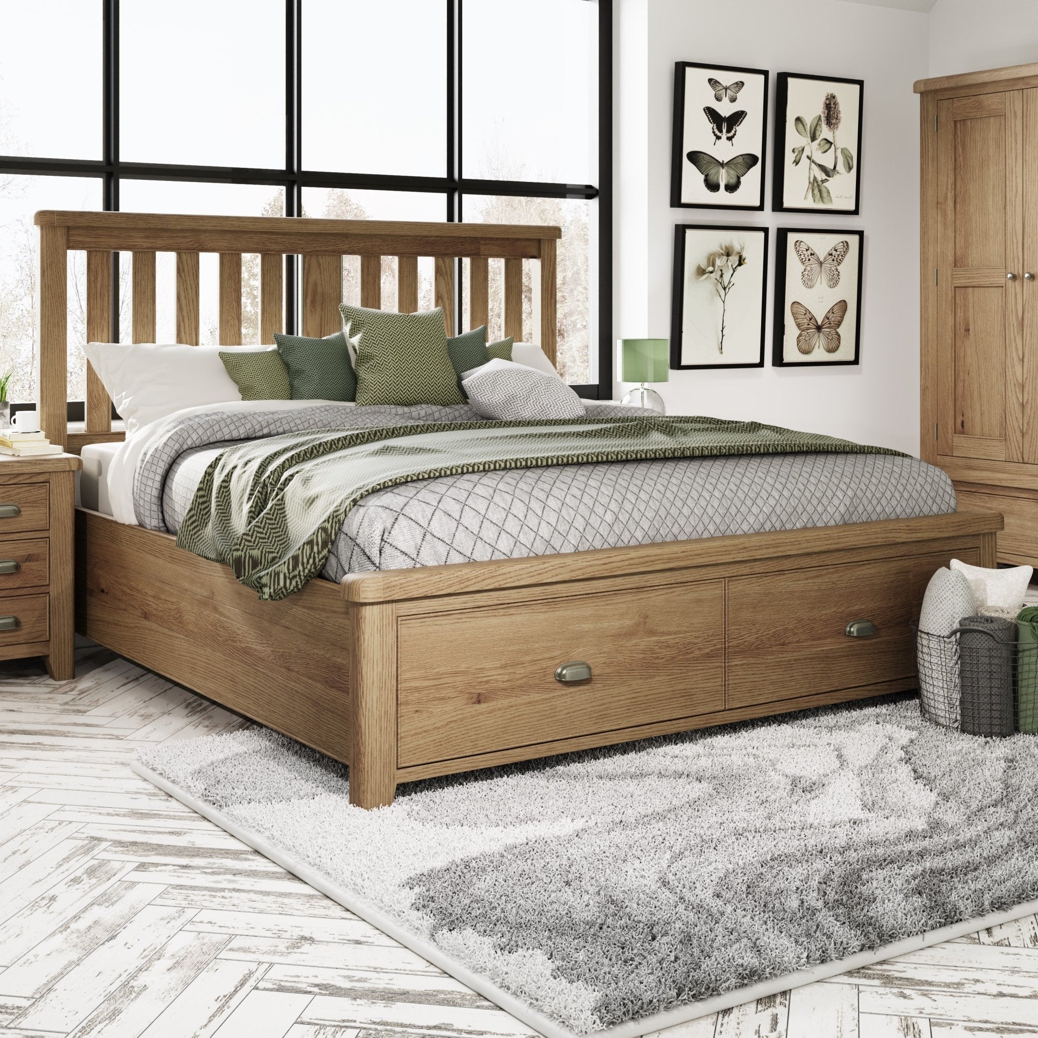 Rusper Oak 6'0 Super King Bed Frame - Wooden Headboard & Drawers - Duck Barn Interiors
