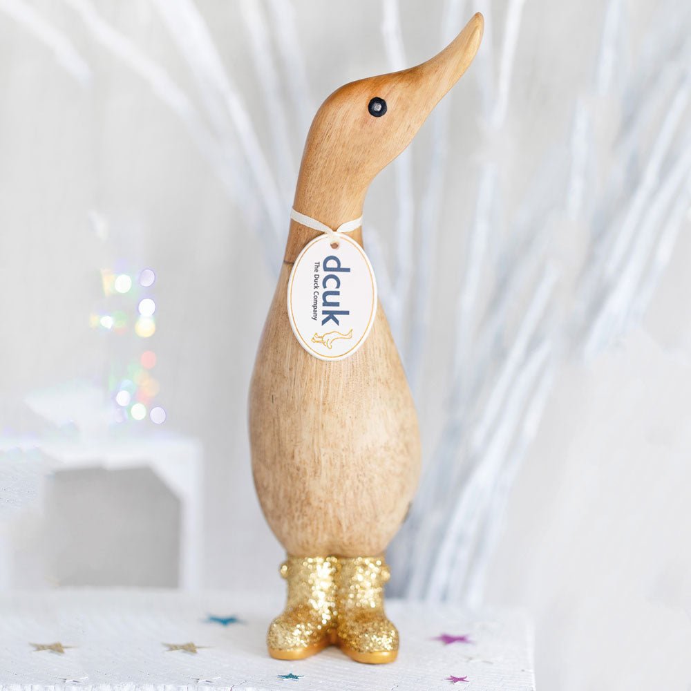 Small Wooden Disco Duckling in Gold Sparkly Wellies - Duck Barn Interiors