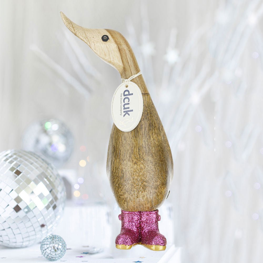 Small Wooden Disco Duckling in Pink Sparkly Wellies - Duck Barn Interiors