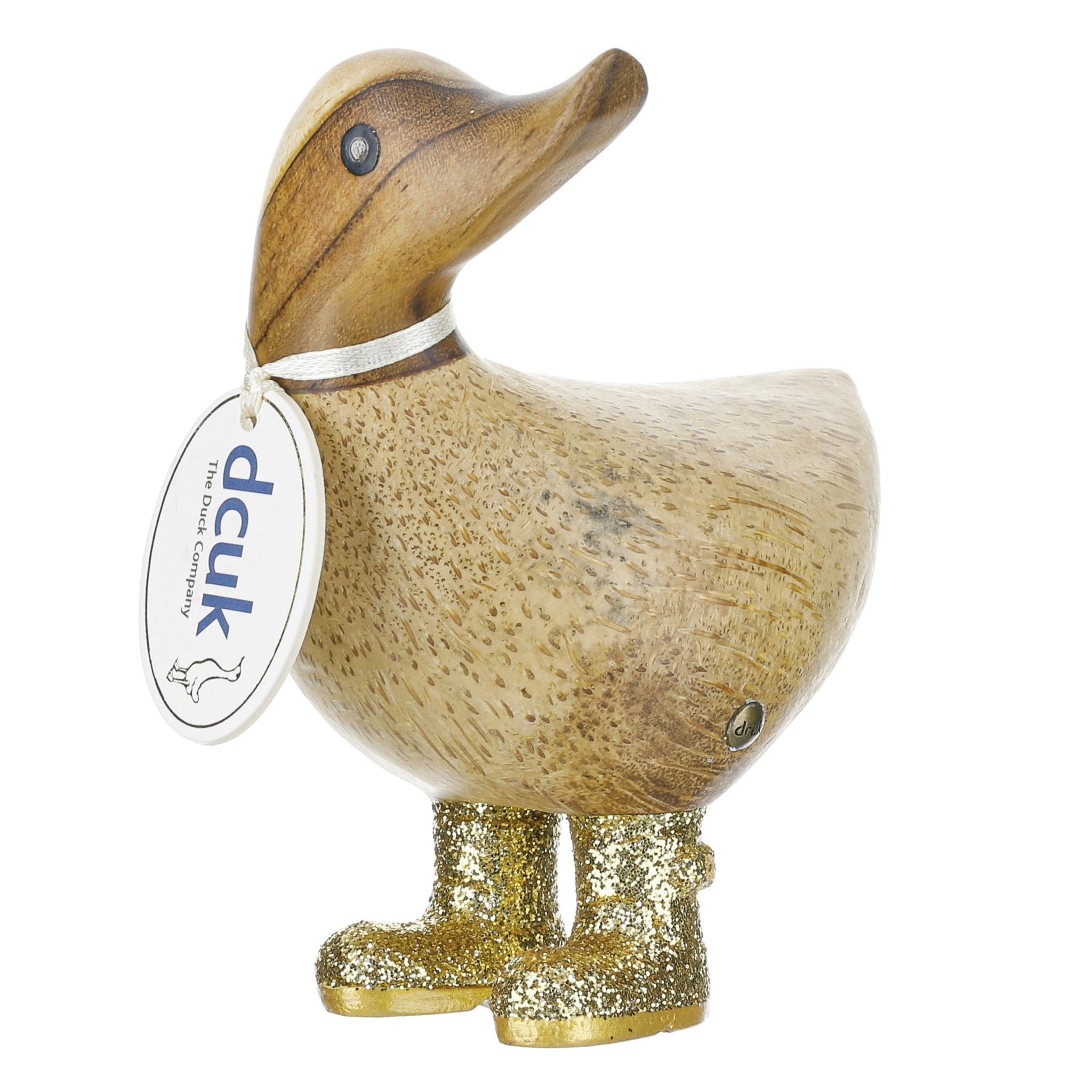 Small Wooden Disco Ducky in Gold Sparkly Wellies - Duck Barn Interiors