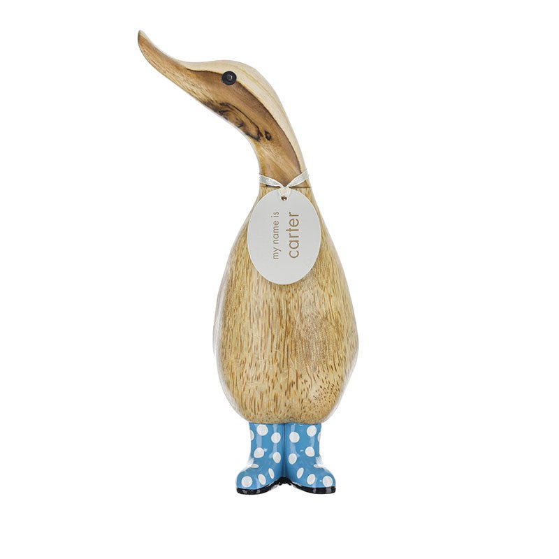 Small Wooden Duckling in Blue and White Spotty Wellies - Duck Barn Interiors