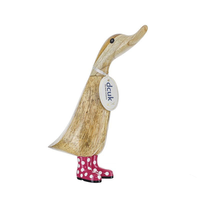 Small Wooden Duckling in Bright Pink and White Spotty Wellies - Duck Barn Interiors