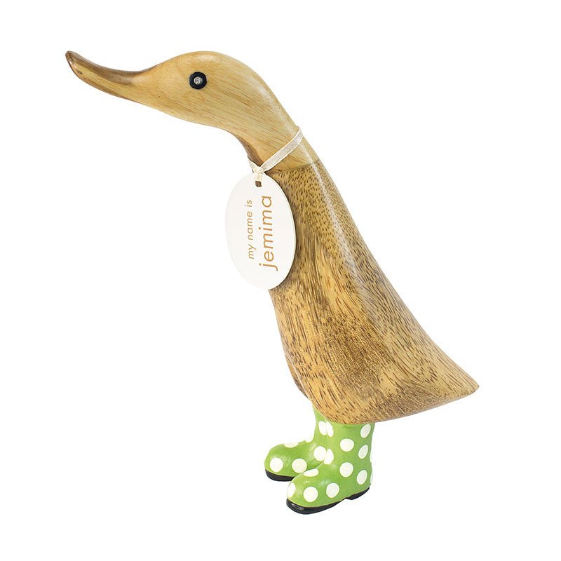 Small Wooden Duckling in Green and White Spotty Wellies - Duck Barn Interiors
