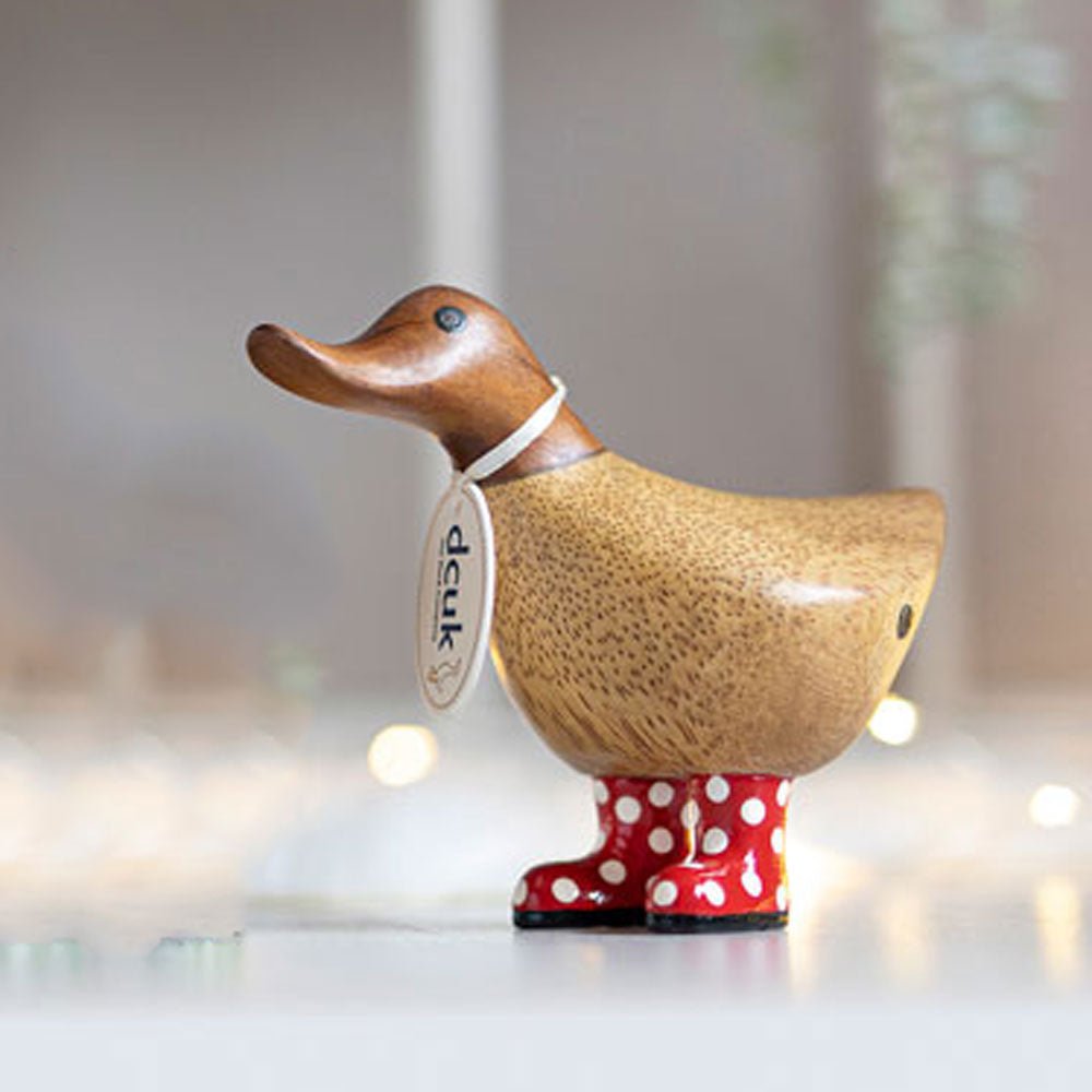 Small Wooden Ducky in Red and White Spotty Wellies - Duck Barn Interiors