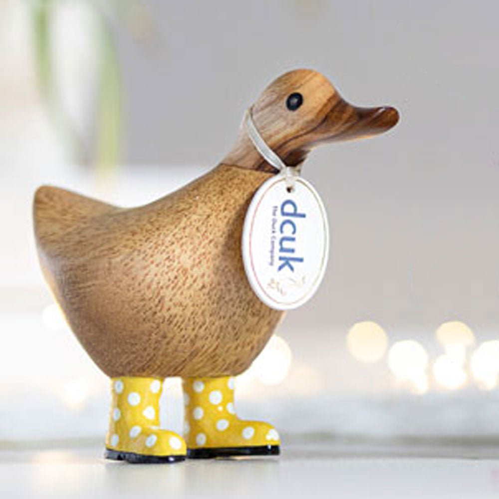 Small Wooden Ducky in Yellow and White Spotty Wellies - Duck Barn Interiors