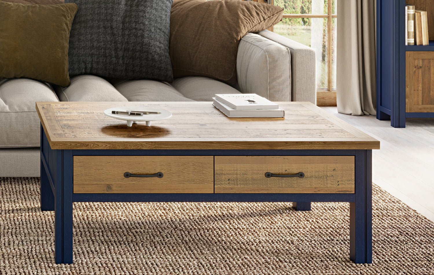 Splash of Blue Coffee Table With Four Drawers - Duck Barn Interiors