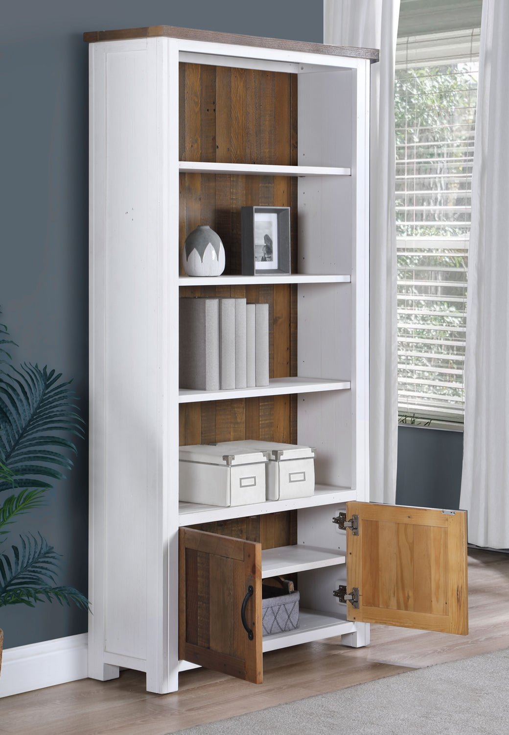 Splash of White Large Open Bookcase with Cupboard - Duck Barn Interiors