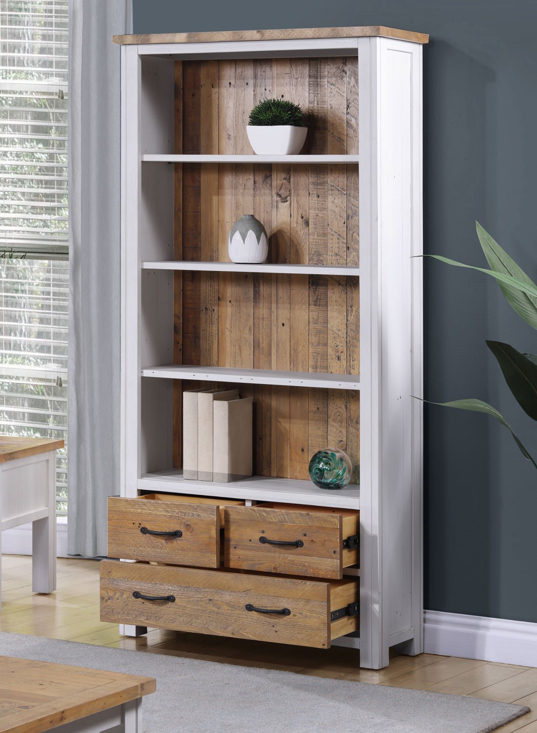 Splash of White Large Open Bookcase with Drawers - Duck Barn Interiors