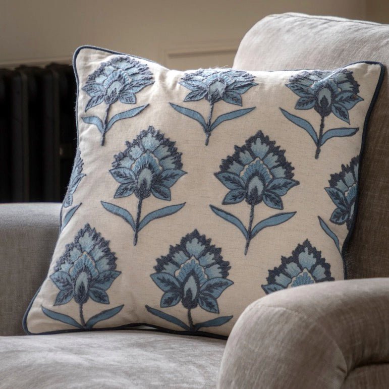 Fleur Embroidered Cushion Ink Blue1 - Duck Barn Interiors