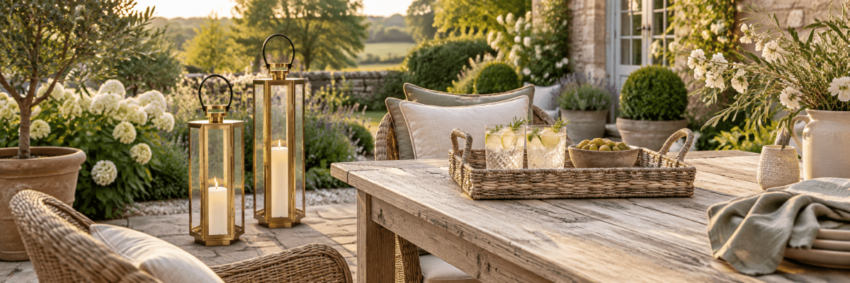 Outdoor entertaining with a Bayford rattan serving tray and gold Herber lanterns in a country garden