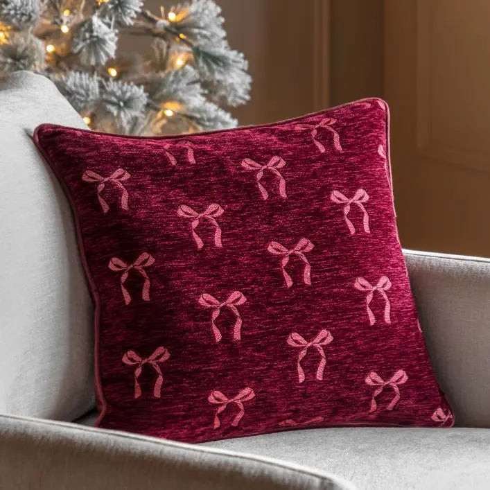 Heritage Bow Chenille Cushion - Merlot