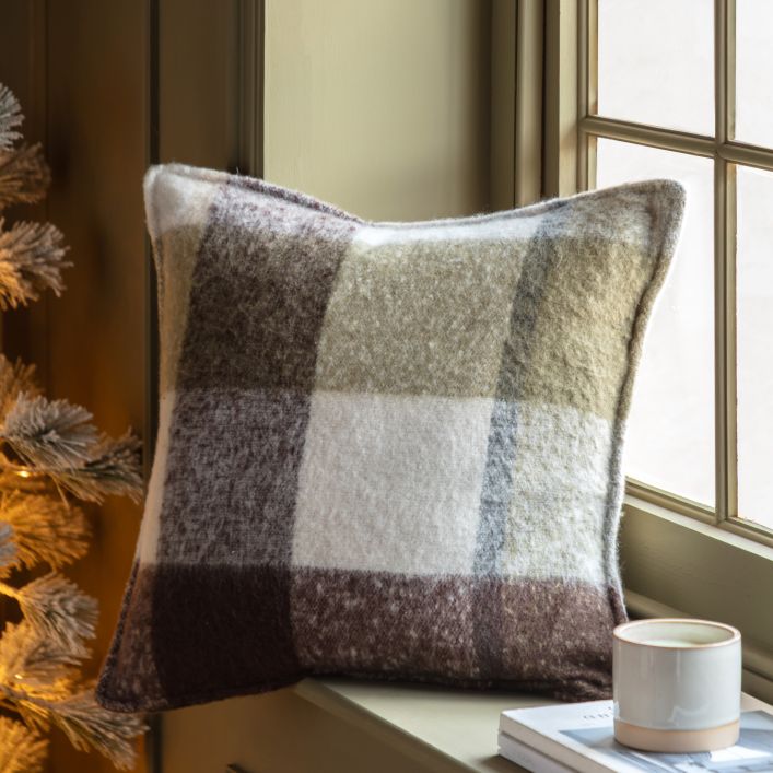 Check Faux Mohair Cushion - Olive