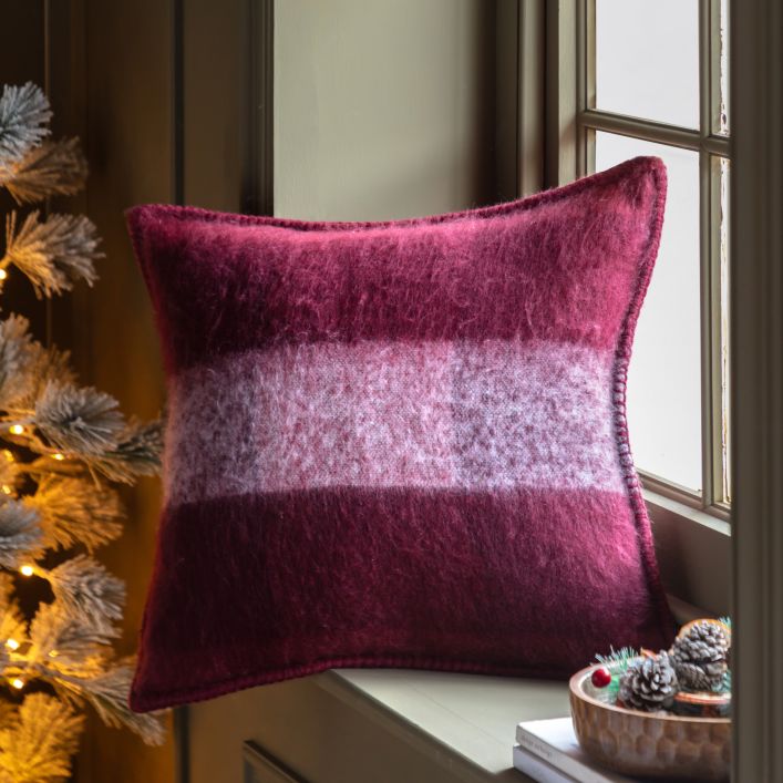 Check Faux Mohair Cushion - Merlot