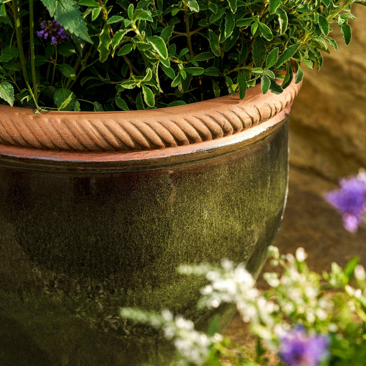 Coleshill Olive Green ceramic planter by Garden Trading, glazed finish and rim detail