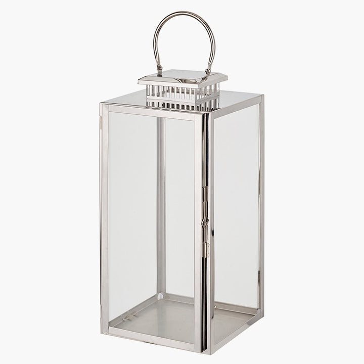 Silver Stainless Steel Rectangular Glass Lantern - Large