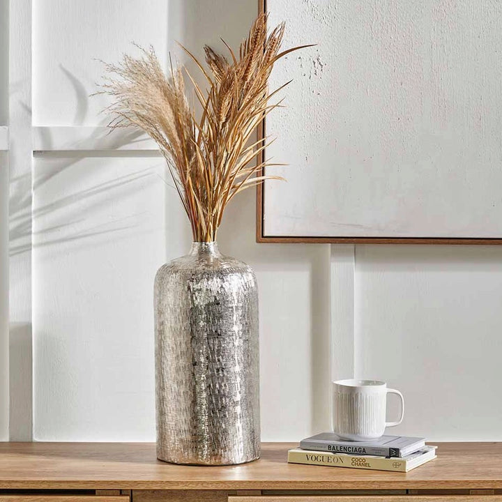 Tall Silver Metal Hammered Vase
