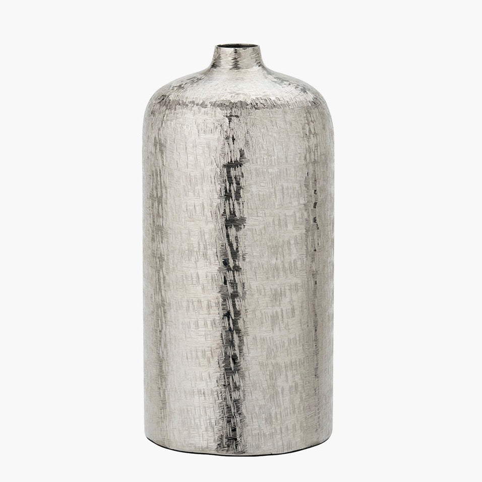 Tall Silver Metal Hammered Vase
