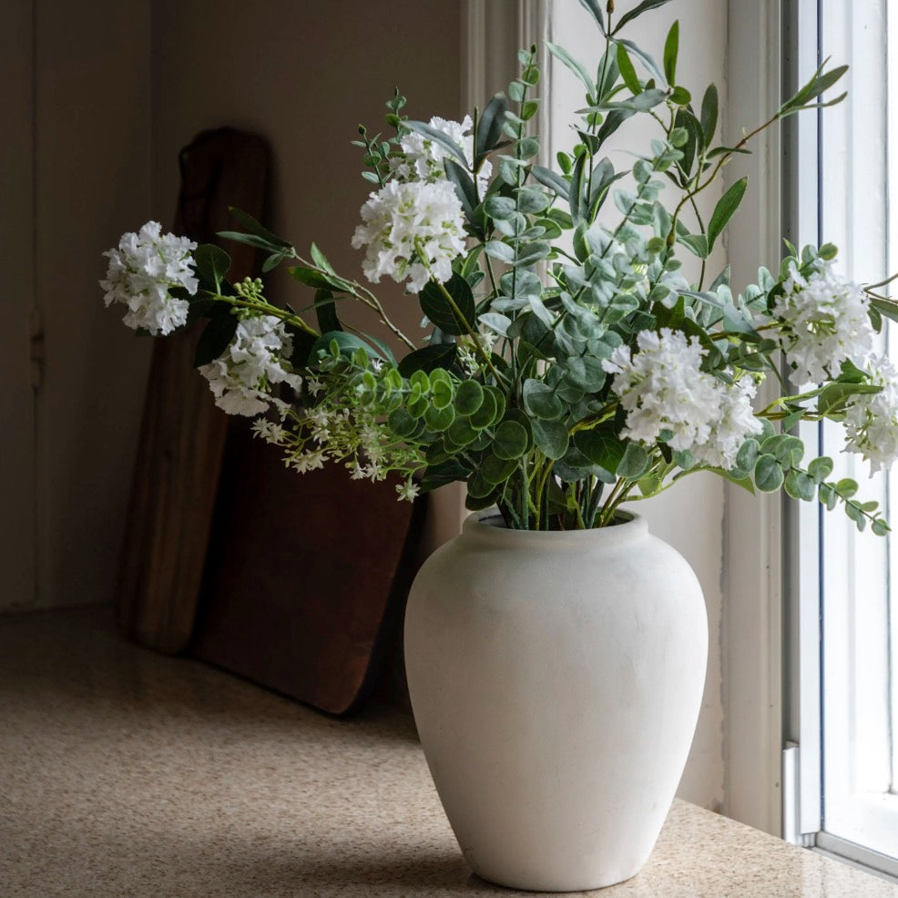 Faux Eucalytpus & Hydrangea in White Vase