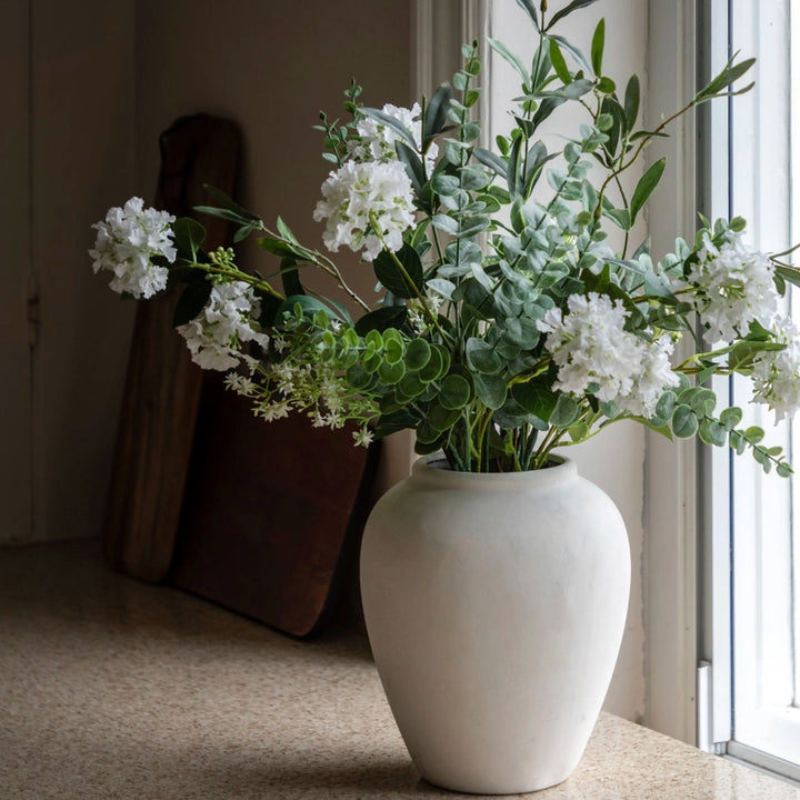 Faux Eucalytpus & Hydrangea in White Vase