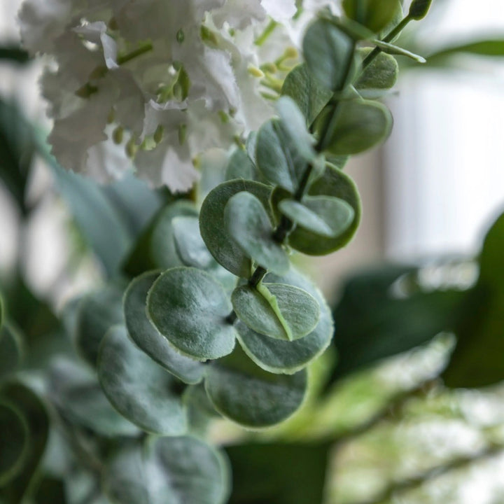 Faux Eucalytpus & Hydrangea in White Vase