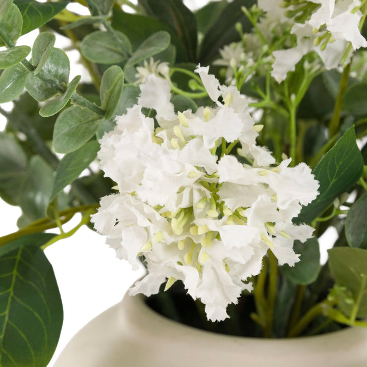 Faux Eucalytpus & Hydrangea in White Vase
