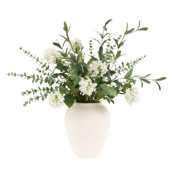 Faux Eucalytpus & Hydrangea in White Vase