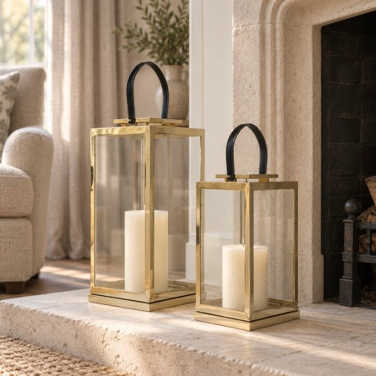 Herber Gold Finish Lantern with Leather Handle - Large