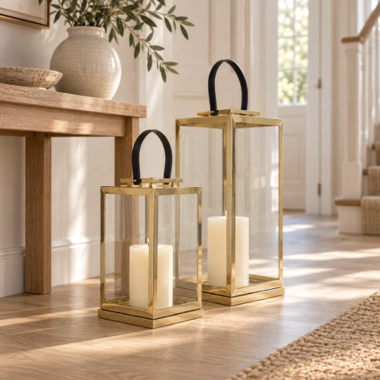 Herber Gold Finish Lantern with Leather Handle - Large
