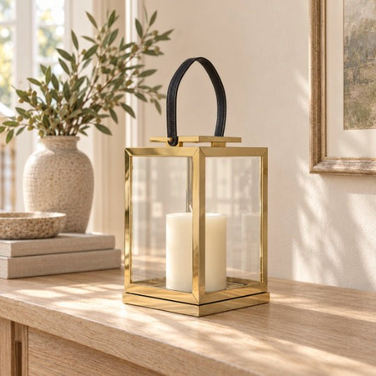 Herber Gold Finish Lantern with Leather Handle - Small