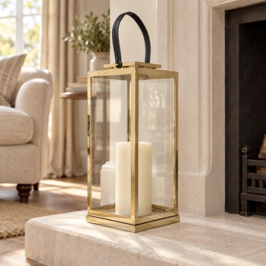Herber Gold Finish Lantern with Leather Handle - Large