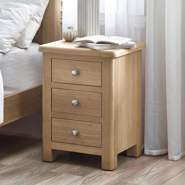 Memphis Limed Oak 3 Drawer Bedside styled in a bedroom|Memphis Limed Oak 3 Drawer Bedside on a white background|Memphis Limed Oak 3 Drawer Bedside MEM003 detail view 1|Memphis Limed Oak 3 Drawer Bedside MEM003 detail view 2|Memphis Limed Oak 3 Drawer Bedside MEM003 detail view 3|Memphis Limed Oak 3 Drawer Bedside MEM003 detail view 4|Memphis Limed Oak 3 Drawer Bedside MEM003 detail view 5|Memphis Limed Oak 3 Drawer Bedside MEM003 detail view 6|Memphis Limed Oak 3 Drawer Bedside MEM003 detail view 7