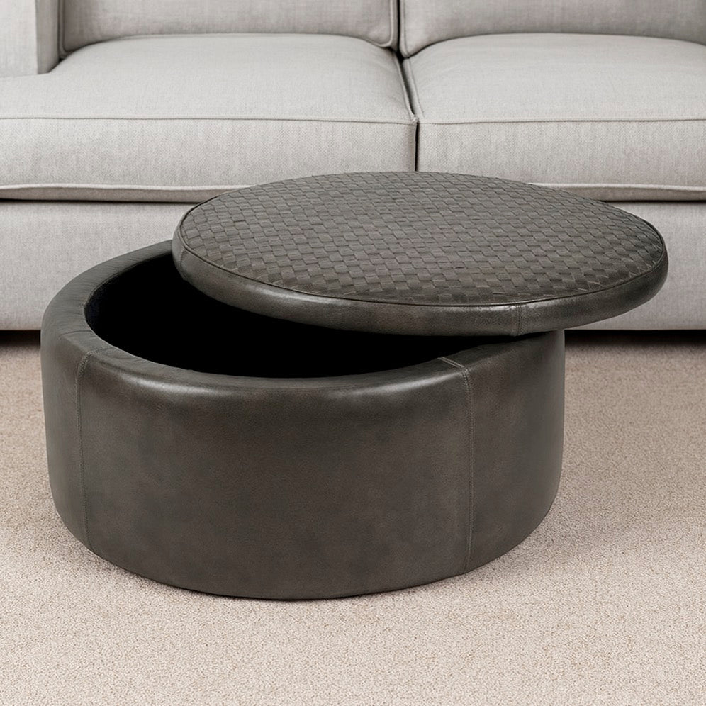Arturo Leather Storage Pouffe - Peppercorn1 - Duck Barn Interiors