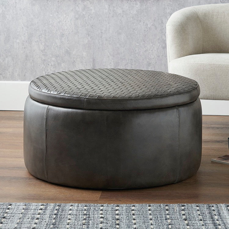 Arturo Leather Storage Pouffe - Peppercorn2 - Duck Barn Interiors