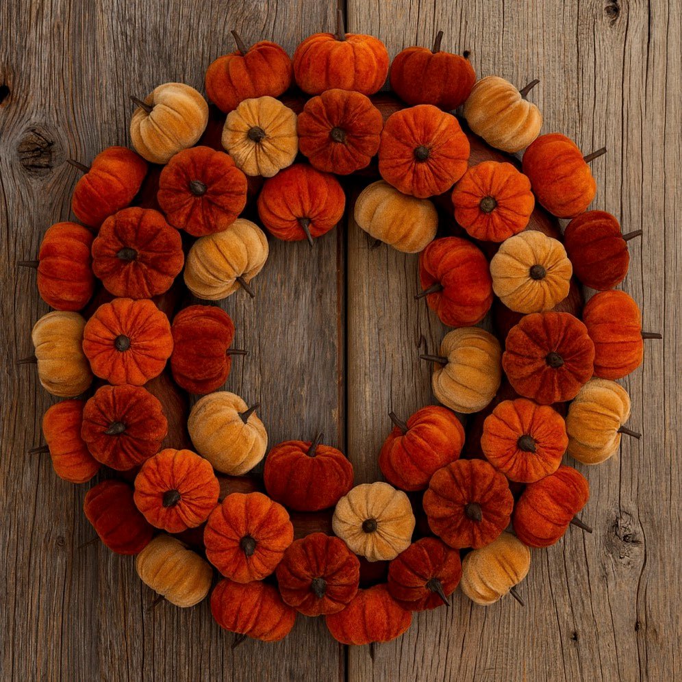 Autumnal Wreath - Mix Velvet Pumpkins2 - Duck Barn Interiors