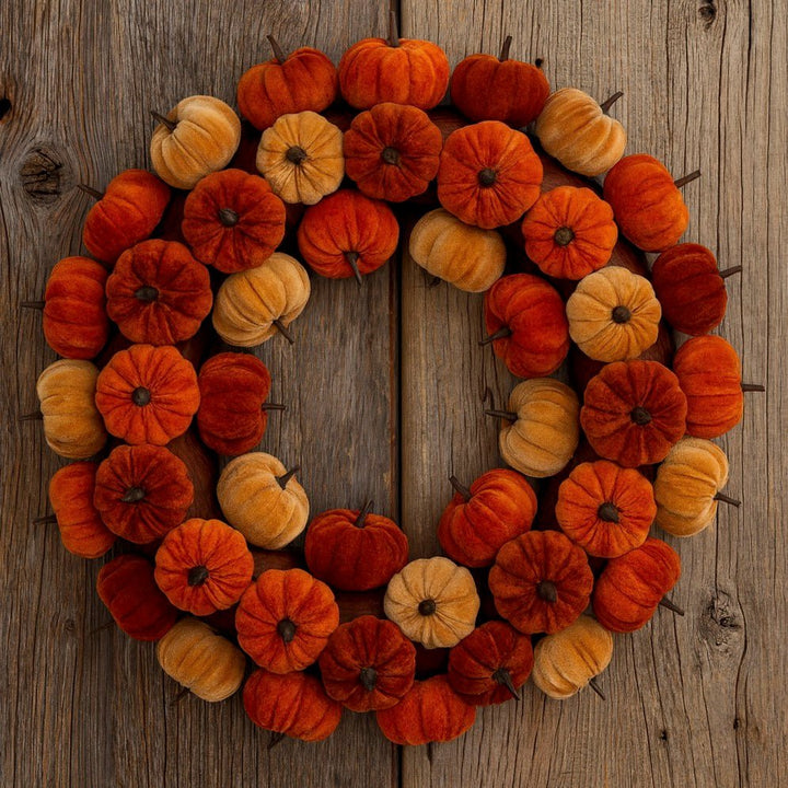 Autumnal Wreath - Mix Velvet Pumpkins2 - Duck Barn Interiors