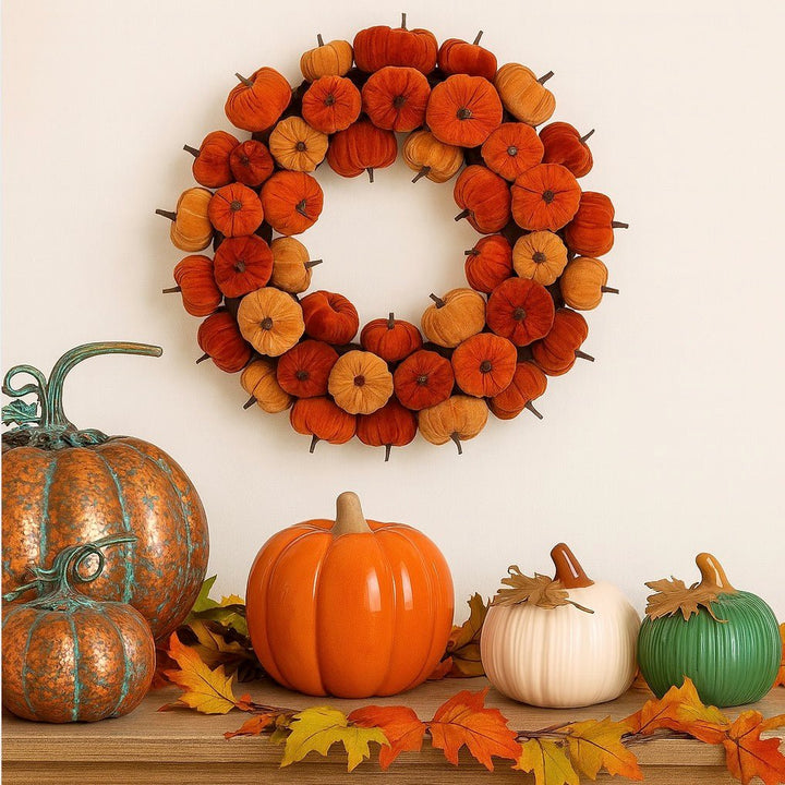 Autumnal Wreath - Mix Velvet Pumpkins2 - Duck Barn Interiors