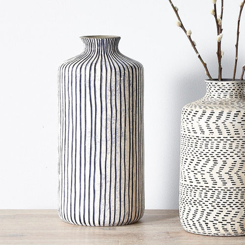 Bude Stripe Design Stoneware Vase - Blue & White