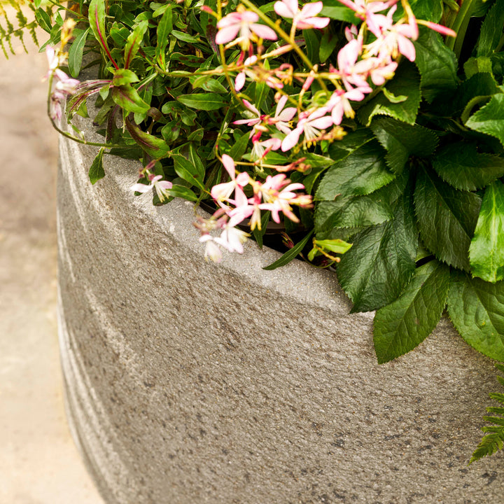 Ledbury grey ficonstone planter by Garden Trading, rim and planted detail